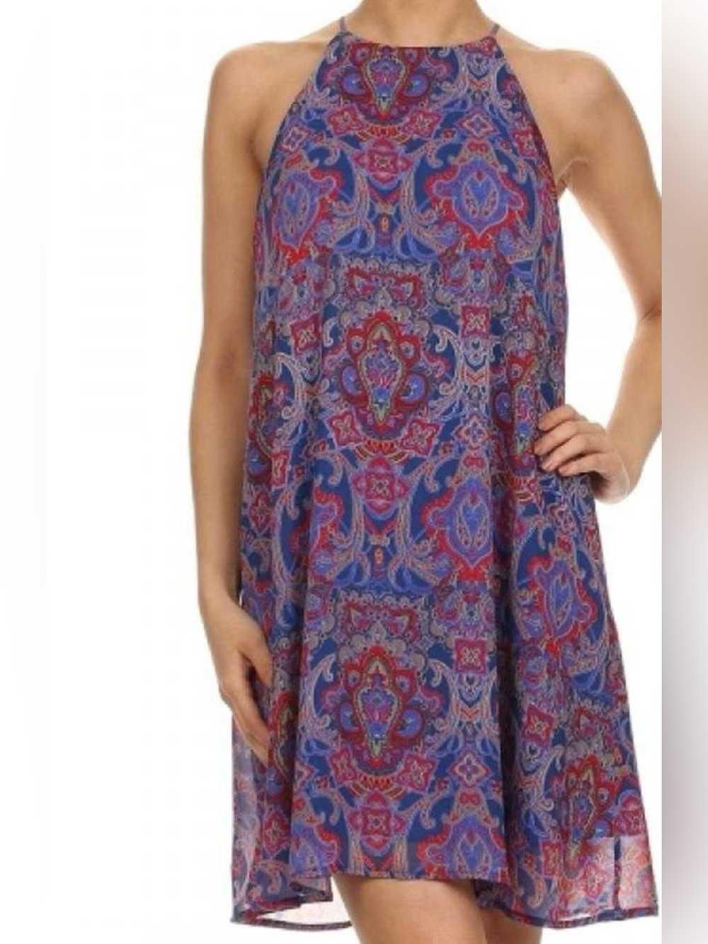 Pants Store Everly Geo Paisley Swing Dress Medium Blue Red Boho USA Made